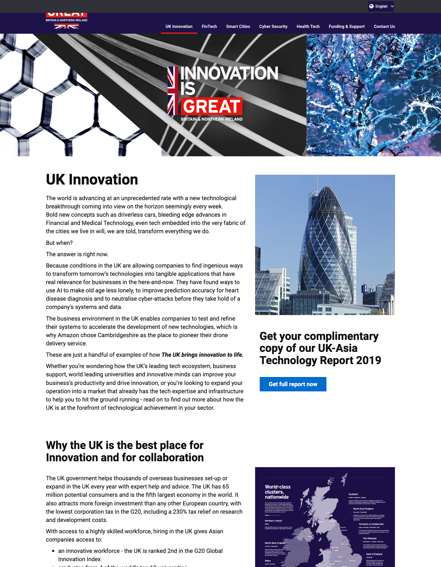Desktop overview of the GREAT Campaign UK Innovation landing page for Hong Kong.
