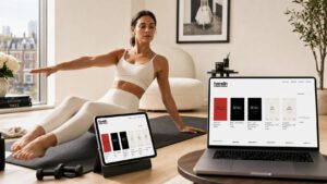 A woman training at home with the Hamelin D’abell Method platform open on a laptop and iPad.