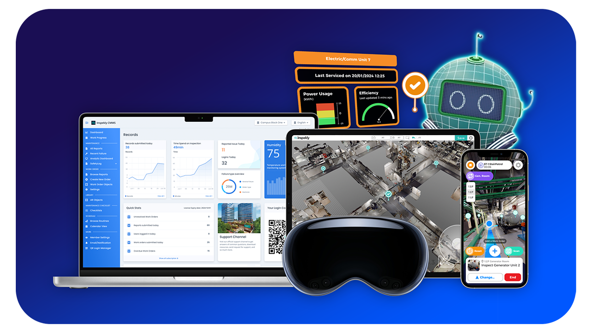 Inspekly dashboard, mobile, Digital Twin and XR product surfaces.