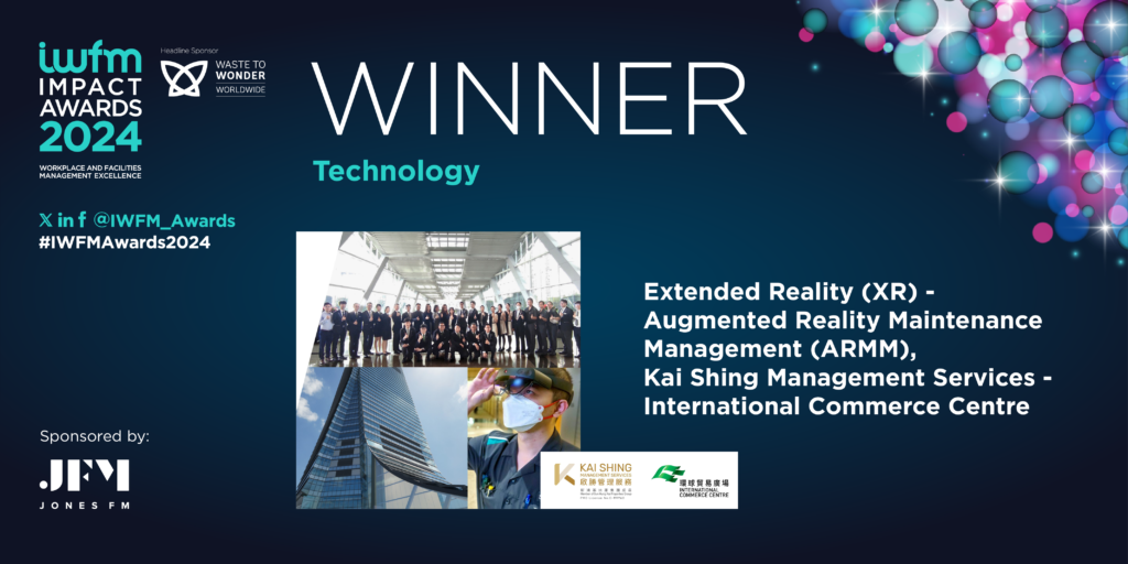 IWFM Impact Awards 2024 Technology winner graphic for Kai Shing Management Services and International Commerce Centre.