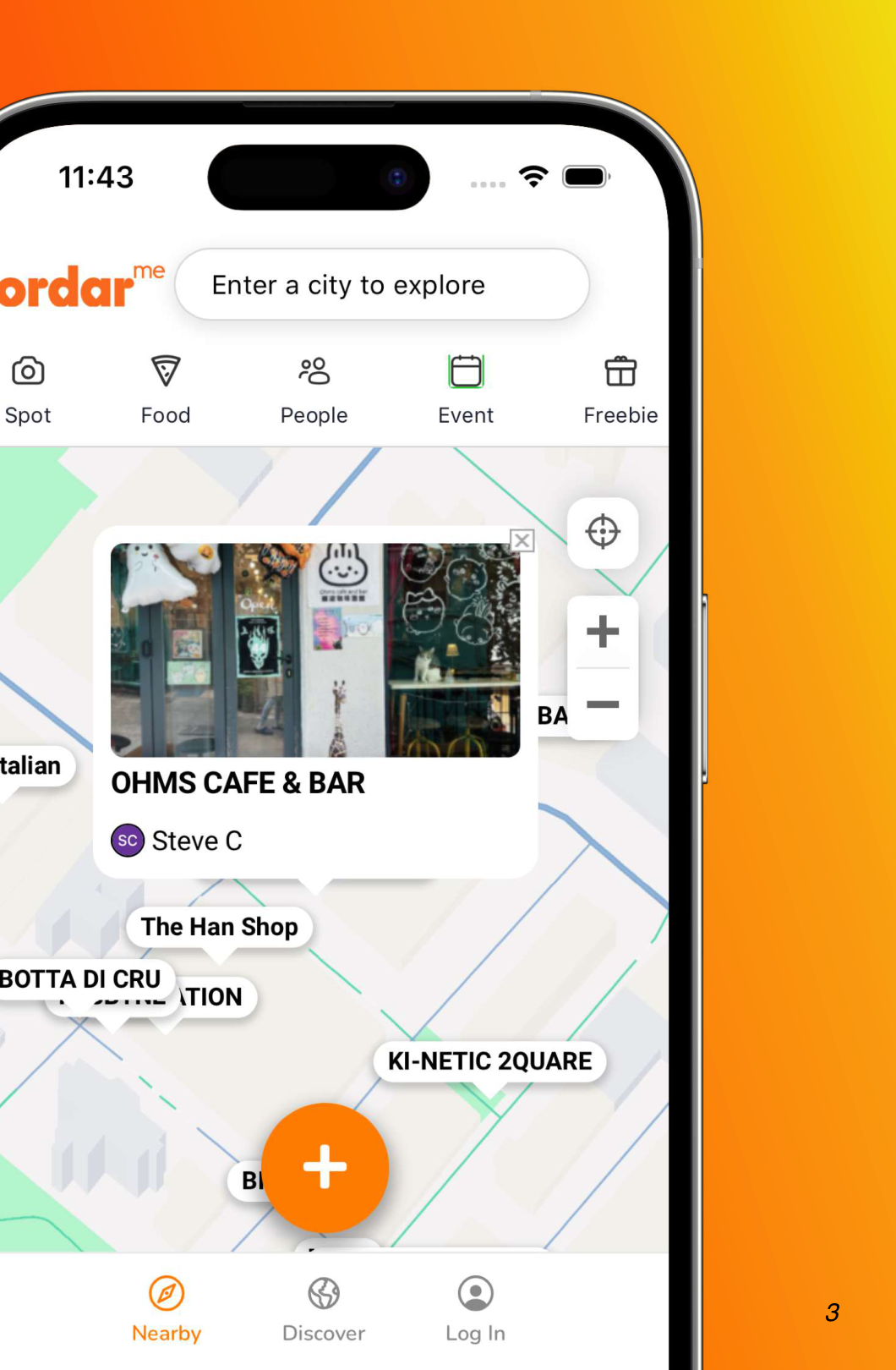 ORDAR nearby discovery map with local business content.