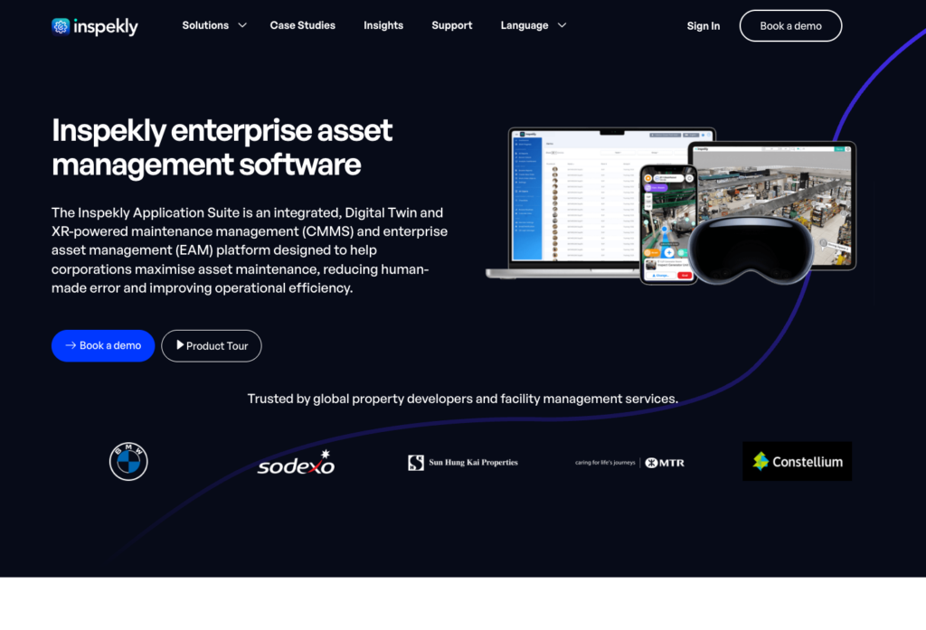 Inspekly enterprise software interface with Digital Twin and XR capabilities.