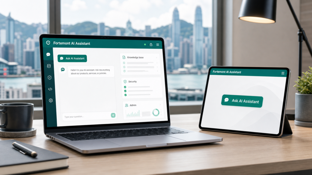 Fortemont AI Assistant shown on laptop and tablet product interfaces.